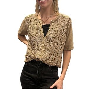 Vintage Tan Crochet Women's Button Up Blouse Large